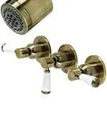 Paris Triple Handle Tub and Shower Faucet in Antique Brass with Porcelain Handles, wall-mounted, solid brass build, washerless cartridge
