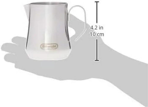 12 Oz Stainless Steel Milk Frothing Jug With Barista Grade Pour Spout For Smooth Silk Foam, 350 Ml Capacity on hand for scale