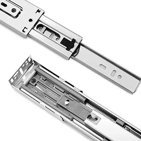 Heavy Duty 20 Inch Full Extension Drawer Slides Featuring Soft Close Ball Bearings Side Mount Cabinet Glides with shiny metal finish.