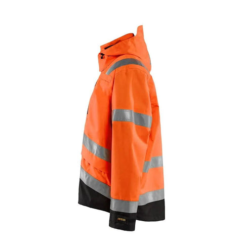 Side view of Hi Viz Windproof Lightweight Durable Safety Jacket With Reflective Strips Class 3 Water Resistant Orange And Black Workwear