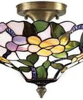 Three Light Tiffany Mica Semi Flush Mount Ceiling Light In Brass Antique Finish 15 Inch Peony Design Flush Mount Series