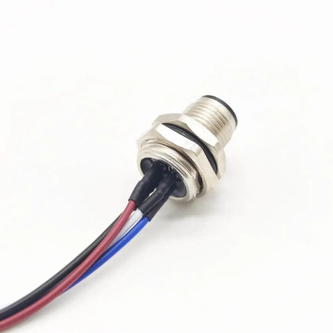Five Pack M12 4 Pin A Code Male Connector Cable for IP67 Back Mount, unshielded straight socket, metal and wire close-up view.
