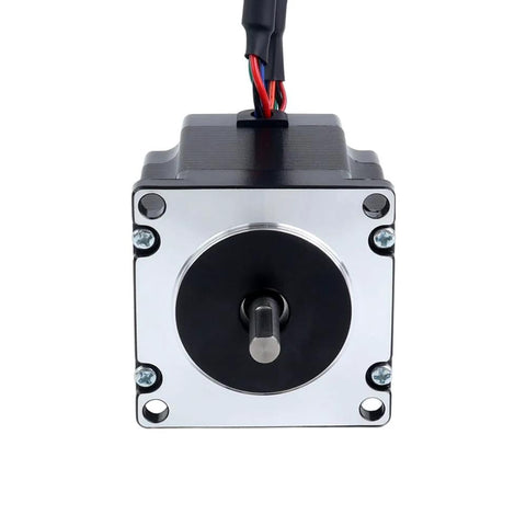 Front view of NEMA 23 closed-loop stepper motor with encoder; silver faceplate and black housing with wiring.