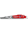 Carbide teeth reciprocating saw blade with red and silver design, featuring USA flag, made for cutting wood and metal.