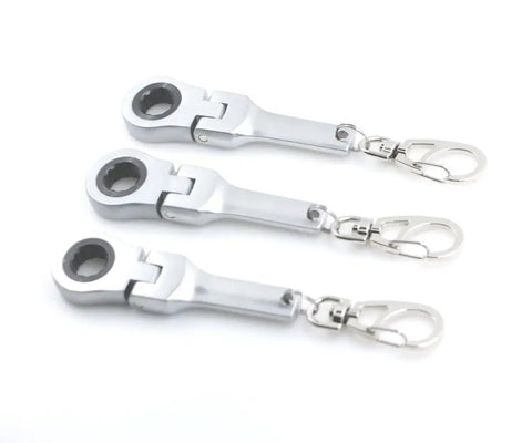 3-pack 10mm Ratchet Wrench Keychain Set With Flexible Head Ultra-Compact Pocket Tool in silver metal with key rings