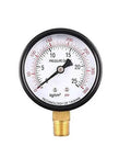Front view of heavy duty industrial pressure gauge with black steel case and brass internals, dual scale psi and kPa, 0-350 psi