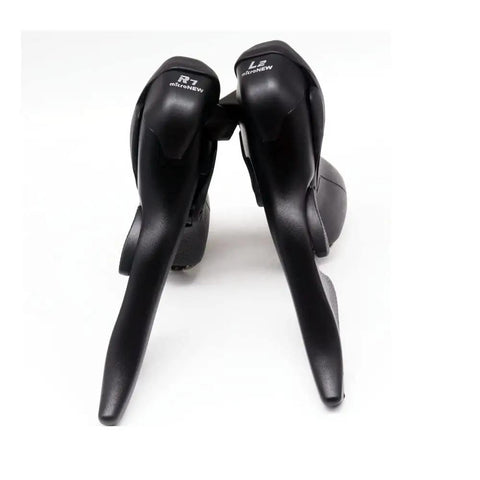 Shimano 2x7 Speed Road Bike Shifter Levers Set, front view showing left and right levers, ST A070 with cable included.