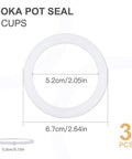 Image showing Six Pack Food Grade Silicone Gasket Rings Replacement For Aluminum Stovetop Coffee Makers And Moka Pots Three Cup Size Durable Seal For Leak Proof Brews And Easy Cleaning with measurements.