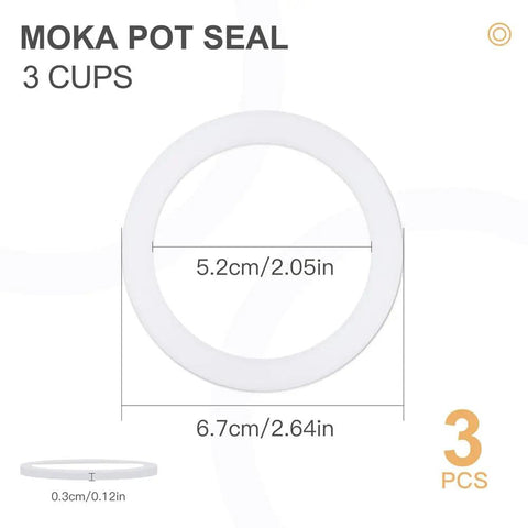 Image showing Six Pack Food Grade Silicone Gasket Rings Replacement For Aluminum Stovetop Coffee Makers And Moka Pots Three Cup Size Durable Seal For Leak Proof Brews And Easy Cleaning with measurements.