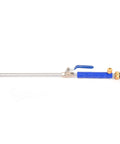 Side view of blue spray wand for garden hose with lever valve, stainless steel rod and brass connectors.