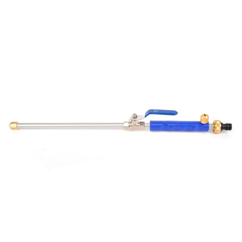 Side view of blue spray wand for garden hose with lever valve, stainless steel rod and brass connectors.