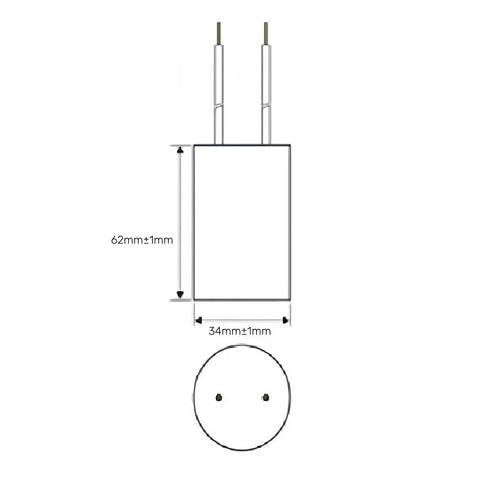 Diagram of 30uF MFD CBB60 Motor Run Capacitor 250V AC Round Cylinder With Two Wires, 62mm height, 34mm diameter.