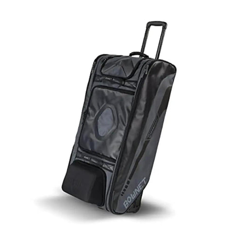 Commander Catchers Gear Bag With Wheels For Travel And Outdoor Play Black Rugged Durable Equipment Carrier standing upright