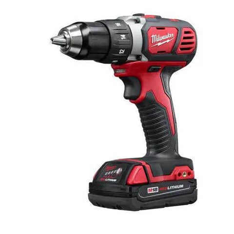 M18 Straight Shooter 18V Cordless Compact Drill Driver Kit With Premium Lithium Ion Battery showing 1/2 inch keyless chuck.