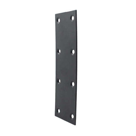 Side view of a black stainless steel bracket, part of the 4 Pack Flat Straight Beefy Brace Brackets In Black Stainless Steel Heavy Duty Mending Bracket Plate For Furniture Wood Shelves And Cabinets With Mounting Screws Durable Shelf Support And Joining Plate.