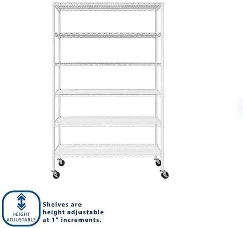 Rock Solid Heavy Duty Wire Shelving Rack With Six Sturdy Steel Shelves For Garage Organization And Storing Bulky Gear White Finish.