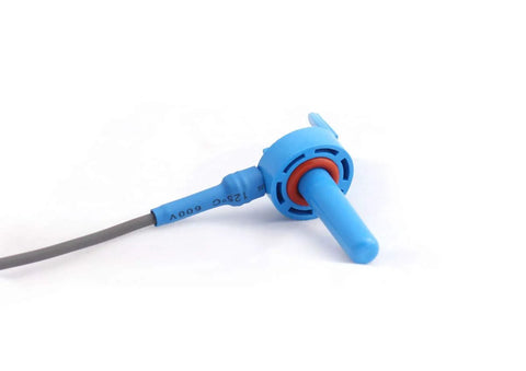 Blue pool temperature sensor with orange gasket and attached gray cable