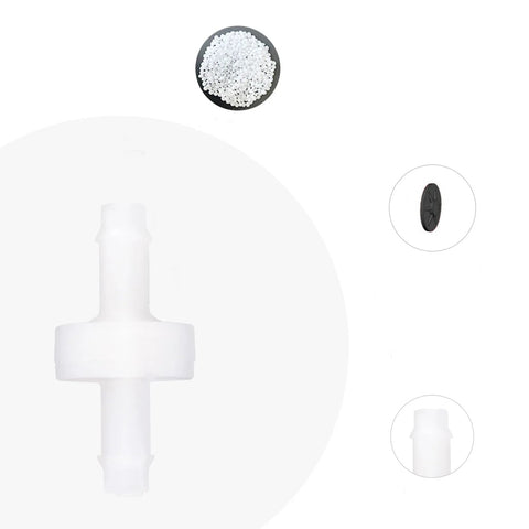 Inline PVDF 1/4 in one-way check valve, white plastic for spa ozone line connections.