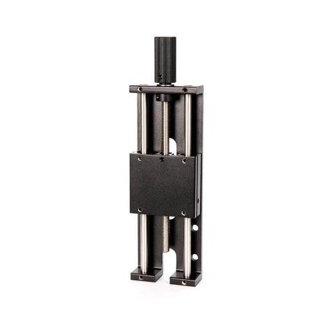Front view of black metal laser engraver lift stand kit with vertical guide rods and screw drive