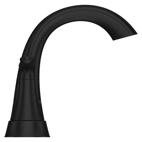 Side view of Weller 4 Inch Centerset Bathroom Sink Faucet With 2 Handles 3 Hole Matte Black Finish, Push And Seal Drain.