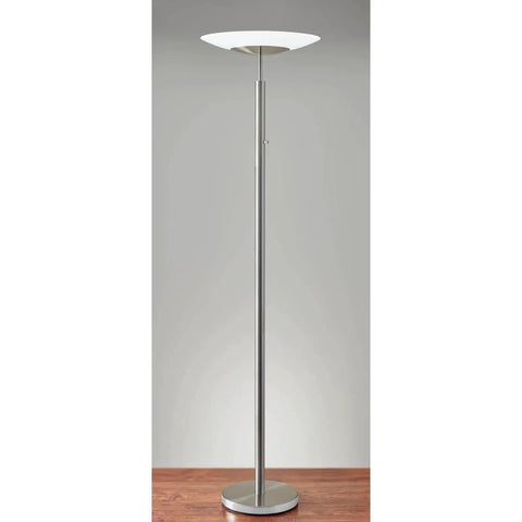Stellar LED Torchiere Floor Lamp In Brushed Steel 72 Inch Tall 24W LED Frosted Glass Shade Dimmable Rotary Dimmer Energy Efficient