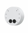 Circular white plastic electrical box with two gang slots for conduit installations.