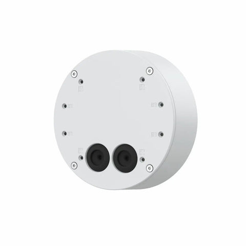 Circular white plastic electrical box with two gang slots for conduit installations.