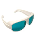 Straight Up Tough Laser Safety Glasses For Red Beam Work Featuring Od6 Plus Filter and DIR LB5 Rating Across 620 To 700 Nm Range, white frame with blue lenses.