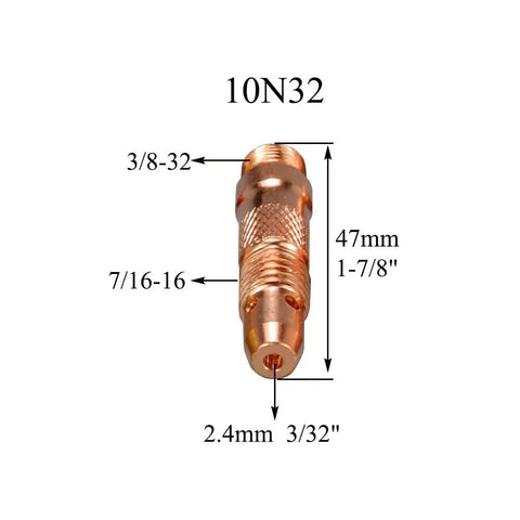TIG Collet Bodies 10N32 Three Thirty Second Inch Orifice Two Point Four Millimeter for QQ300 PTA DB SR WP 17 18 26 TIG Welding Torch