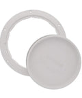 Eight Inch White Round Deck Plate Inspection Hatch Featuring Pry Out Lid And Water Tight O Ring Seal Bulletproof Marine Access Cover viewed from above with a flat surface.