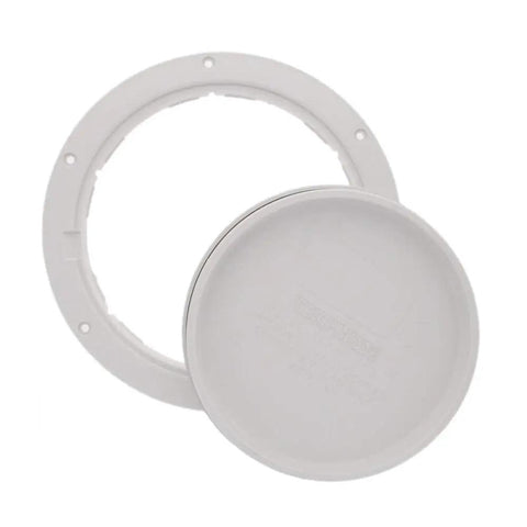 Eight Inch White Round Deck Plate Inspection Hatch Featuring Pry Out Lid And Water Tight O Ring Seal Bulletproof Marine Access Cover viewed from above with a flat surface.