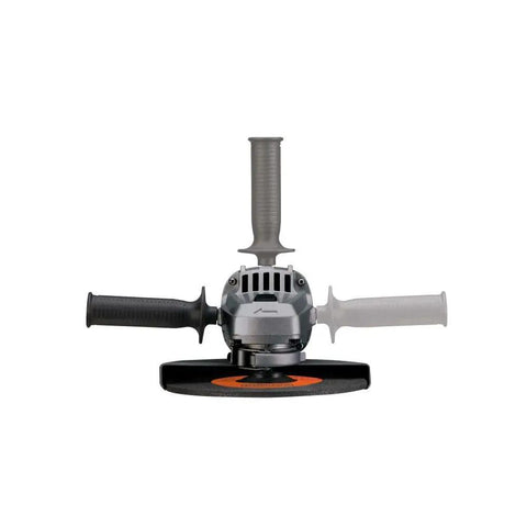 Front view of Beefy 4-1/2 Inch Angle Grinder with 6.5 Amp Motor, metal gear case, 3-position side handle, spindle lock visible.