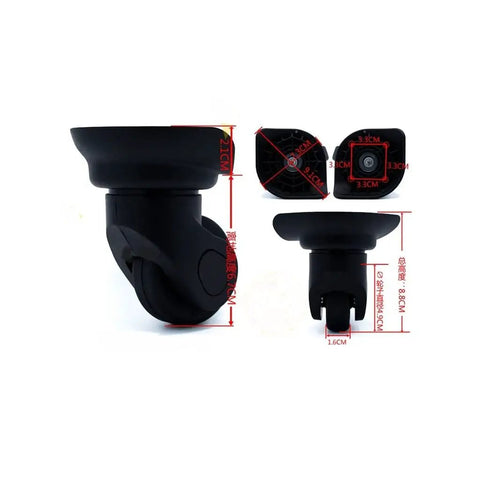 Heavy Duty Luggage Wheel Replacement Pair Slick Swivel Casters showing dimensions and design for suitcases and tool chests.