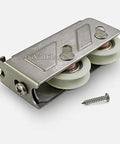 Heavy Duty Sliding Door And Window Rollers With Heavy Hauler Nylon Wheels Four Piece Set Double Wheel Silent Glide Stainless Steel Track Hardware For No Fuss Fixes displayed with stainless steel frame and nylon wheels.