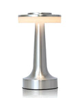 Sleek Silver LED Table Lamp with touch sensor and rechargeable design, part of Cordless Metal Desk Lamp With Touch Sensor And 3 Color Temperature Modes, 3 Brightness Levels, Rechargeable Bedside Night Light For Kids Nursery And Dining Room series.
