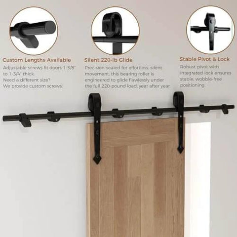 Six Foot Barn Door Hardware Kit With Boss Grade Heavy Duty Carbon Steel Track for Sliding Doors, Matte Black, Installed View