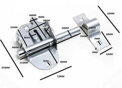 Pack Of Forty Eight Heavy Duty Oval Pad Bolt Door Gate Lock Latch In Zinc Plated Steel with detailed measurements.