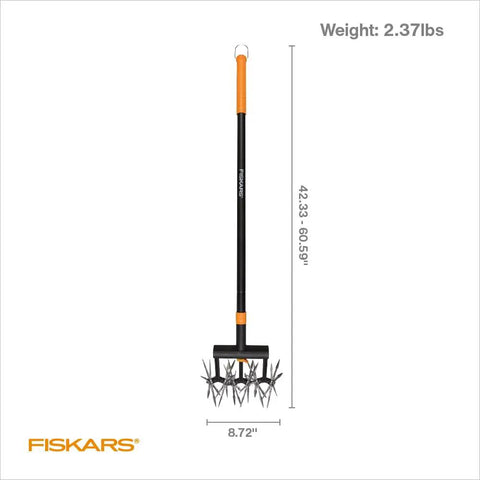 Extendable Go To Garden Tiller Cultivator For Lawn And Garden Beds From Forty To Sixty Inches Lightweight All Steel Telescoping Rotary Hand Tool For Soil Aeration And Seedling Row Cultivation, showing dimensions and weight