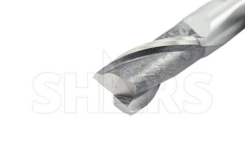 Close-up of a Shars HSS end mill, 7/8 in diameter, 3/4 in length, two-flute center-cut.