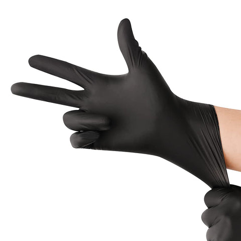 Heavy Duty Black Nitrile Disposable Gloves 100 Count 6 Mil Extra Thick Latex Free Textured Roll Cuff Medical Grade Exam Wear For Garage Hustle And Household Tasks Large Fit Badass Grip being worn while putting on gloves.