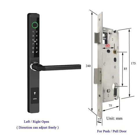 Heavy Duty Waterproof Smart Fingerprint Door Lock For Outdoor Push And Pull Sliders Providing Tight Security And Hassle Free App Remote Keyless Entry That Runs Smooth with numeric keypads and adjustable lever.