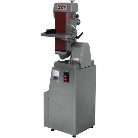 Built Like A Tank Industrial Belt Sander 6 X 48 Inch With Tilting Table, gray metal design with sanding belt and adjustable table.