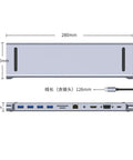 Badass 11 In 1 Usb Type C Hub Docking Adapter Featuring No Sweat 4K Hdmi Port dimensions 280mm x 80mm view with ports.