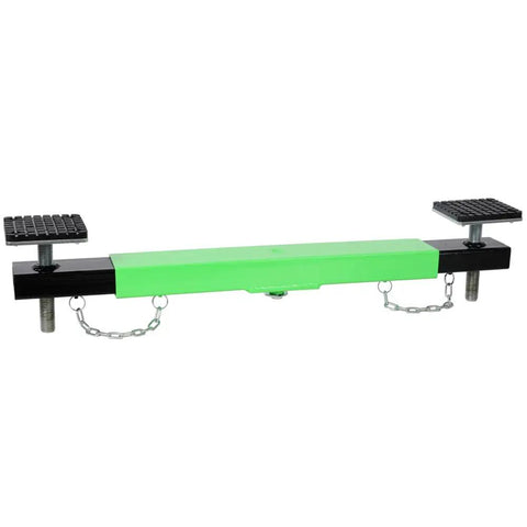 Heavy Duty Floor Jack Cross Beam Adapter With No Shake Rock Steady Support Tough As Nails Crossbar with rubber pads and chains.