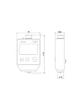 Digital Hardness Tester For Rubber And Plastics With A Clear Digital Readout And Built Legit Heavy Duty For Shop Ready Accurate Material Gauging On Site, side and front view with measurements.