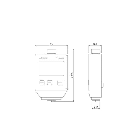 Digital Hardness Tester For Rubber And Plastics With A Clear Digital Readout And Built Legit Heavy Duty For Shop Ready Accurate Material Gauging On Site, side and front view with measurements.