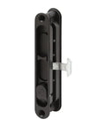 Diecast Black Flush Sliding Screen Door Latch For Mortise Mounted Doors, Nonhanded Replacement Handle Fits Left Or Right Sliding Panels, Five And One Eighth Inch On Center Mount, Single Pack showing latch mechanism.
