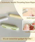 Image showing a 3 Pack 2 In 1 Seam Ripper And Needle Threader Set For Hand Sewing in green, white, and yellow colors with dual function tools.