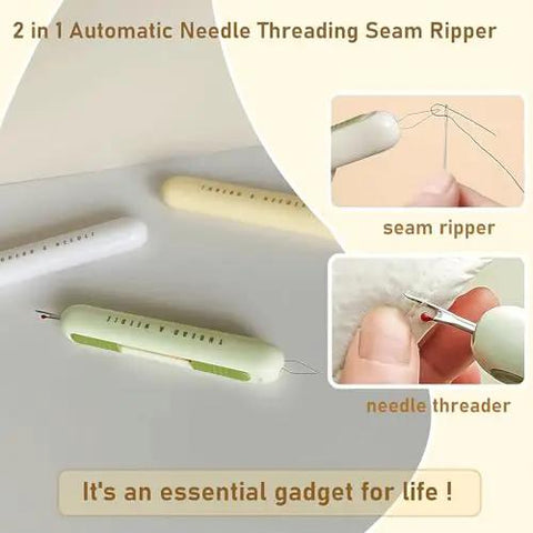 Image showing a 3 Pack 2 In 1 Seam Ripper And Needle Threader Set For Hand Sewing in green, white, and yellow colors with dual function tools.