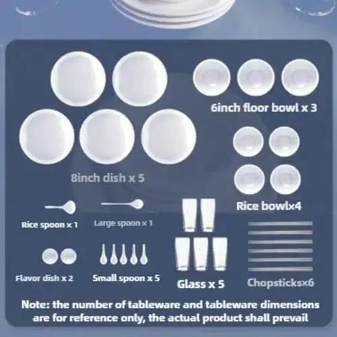 Portable Countertop Dishwasher With 8 Place Settings And 5 Wash Cycles Plug And Play Compact Counter Saver that displays various dishware and utensils layout.